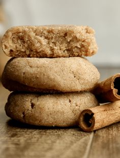 three cinnamon spice and brown butter cookies stacked on top of each other