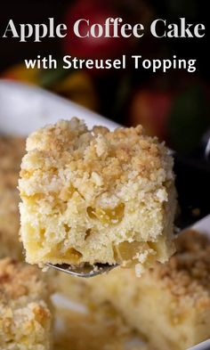 a close up of a piece of cake on a spoon with the words apple coffee cake