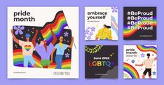 the pride month brochure is displayed in four different colors and styles, including rainbows