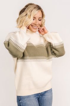 Fall in love with our Antonov Turtle Neck Sweater in Sage + Cream! The cozy fit and fun color block pattern make it the perfect sweater for the cooler weather! Color Block Pattern, Baltic Born, Turtle Neck Sweater, Fun Color, Sweater Collection, Block Pattern, Casual Stripes, Cozy Fits, Cozy Sweater