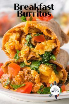 breakfast burritos stacked on top of each other with the title in the middle