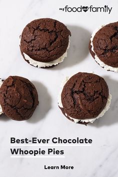 four chocolate whoopie pies sitting on top of a marble countertop with the words best - ever chocolate whoopie pies written above them