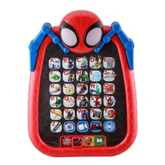 the spiderman tablet is red with blue arms and legs on it's side