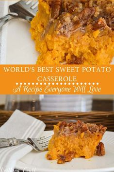 a plate with a slice of sweet potato casserole on it