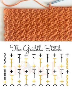 the crochet grid stitch pattern is shown in orange and black, with an image of