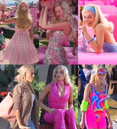 four different pictures of women dressed in pink and blue, including one with blonde hair