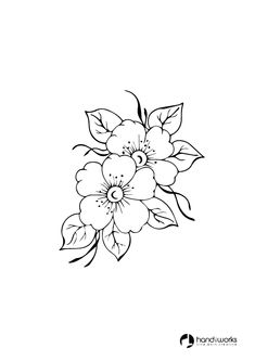 a black and white drawing of flowers with leaves on the bottom half of each flower