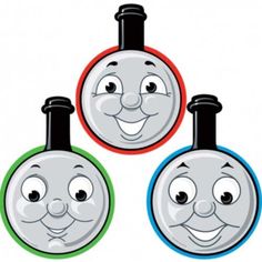 three cartoon trains with faces and eyes on each train engine, one is smiling at the camera