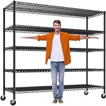 a man is standing in front of a rack with shelves on wheels and arms outstretched