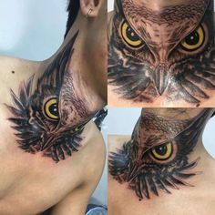 three different pictures of an owl with yellow eyes on his neck and chest, one showing the