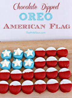 red, white and blue cupcakes are arranged in the shape of an american flag