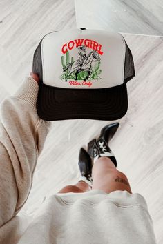 Cutest cowgirl vibes trucker hat.  We love the vintage retro vibe!  The colors are great and it's sure to be a go to this summer! Foam Trucker Hat Adjustable Snap Back Tan Green/White Blk/White Funny Trucker Hat, Classy Cowgirl, Cowgirl Bachelorette, Chapeau Cowboy, Retro Mode, Cat Hat, Cowgirl Hats, Cow Girl, Cow Boy