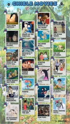 the poster for anime movies is shown with many different pictures and words on it's side