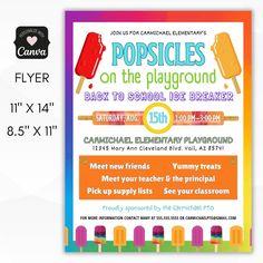 the flyer for popsicles on the playground is displayed in front of a white background