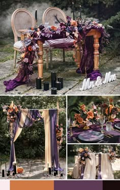 an outdoor wedding with purple and orange decor, flowers on the table, and chairs