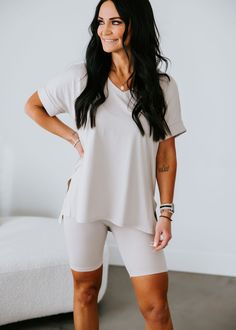 Made from brushed microfiber, this set offers a buttery soft feel and comfortable stretch material. The v-neck hi-low hem top and biker shorts provide both comfort and style. Biker Short Set, Biker Shorts Outfit, Biker Short, Shorts Outfit, Hem Top