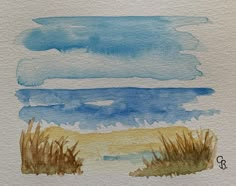 watercolor painting of grass and the ocean