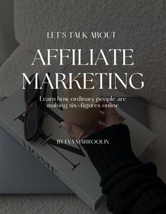 a person holding a coffee cup on top of a box with the words, let's talk about affiliate marketing