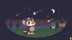 an animal pixel art with stars and moon in the night sky, as well as trees