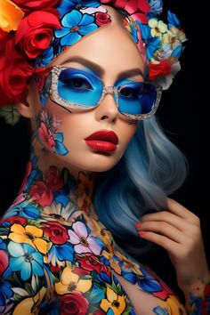 a woman with blue hair and flowers painted on her body, wearing bright colored glasses