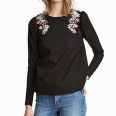 Blouse In Woven Cotton Fabric With Rhinestone Embroidery On Shoulders. Opening At Back Of Neck With Button And Long Sleeves With Pleats At Top. 100% Cotton. Armpit To Armpit Is 16," Armpit To Bottom Is 14," Shoulder To End Of Sleeve Is Almost 25." Perfect Condition. Regularly 59.99 Spring Long Sleeve Tops With Embellished Collar, Long Sleeve Cotton Tops With Embellished Collar, Long Sleeve Cotton Top With Embellished Collar, Elegant Long Sleeve Embellished Tops, Spring Tops With Embellished Collar And Fitted Style, Fitted Spring Tops With Embellished Collar, Spring Fitted Tops With Embellished Collar, Black Long Sleeve Tops With Embellished Collar, Fitted Tops With Embellished Collar For Spring