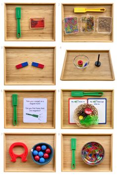 wooden trays filled with different types of toys and materials on top of each other