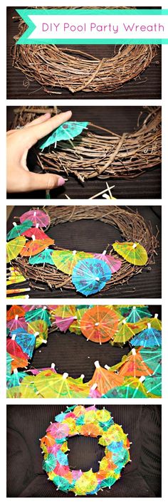 the instructions for how to make a diy pool party wreath with paper flowers and streamers