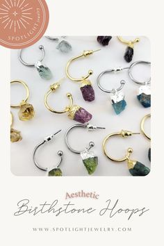 Aesthetic Birthstone Hoop Earrings | Dainty Handmade Etsy Jewelry | SpotLight Jewelry | If you're looking for a personalized gift, I've got the selection for you. These Birthstone Hoop Earrings feature a stainless steel small open hoop that holds a small raw birthstone gemstone pendant of your choice. The hoop comes in your choice of silver or gold. These are hypoallergenic making them perfect for sensitive ears. Want to see more options? Checkout spotlightjewelry.com for more! Nickel-free Metal Hoop Crystal Earrings, Gemstone Earrings Dangle, Earrings Dainty, Raw Gemstones, Etsy Jewelry, Sensitive Ears, Earrings Dangle, Gemstone Pendant, Gemstone Earrings