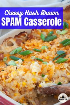 cheesy hash brown spam casserole in a red dish