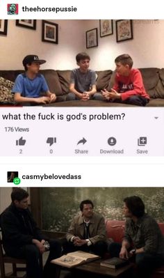 three men sitting on a couch talking to each other in front of a screen with the caption, what the f k is god's problem?