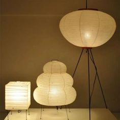 three lamps sitting next to each other on top of a table