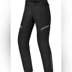 the side view of a pair of black pants with zippers and pockets on each side