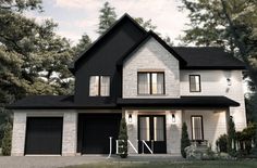 a large white and black house with two garages on the front porch, surrounded by trees