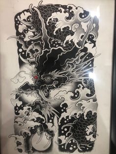 an ink drawing of a dragon with clouds and waves on it's back side