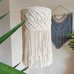 two macrame wall hangings with plants in the background