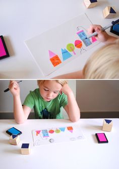 two photos one shows a young boy playing with blocks and the other shows an older child working on his project