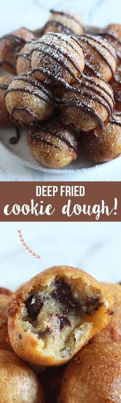 some cookies are stacked on top of each other and the words deep fried cookie dough