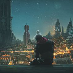 a man sitting on top of a roof looking at the city skyline in an animated style