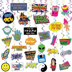 an assortment of party decorations and stickers