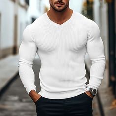 Season:Summer; Fabric:Polyester; Sleeve Length:Long Sleeve; Look After Me:Machine wash,Washable; Gender:Men's; Style:Basic,Designer,Fashion; Elasticity:Micro-elastic; Tops Type:Ribbed Knit tee,Tee Top,T Shirt; Occasion:Vacation,Street,Going out,Casual Daily; Age Group:Adults; Fit Type:Regular Fit; Pattern:Plain,Pit Strip; Design:Ribbed; Neckline:V Neck; Front page:FF; Listing Date:08/29/2024 Summer V-neck Ribbed Sweater, Strip Design, Design Moda, Mens Casual T Shirts, Style Basic, Ribbed Neckline, Knit Tees, Clothing Apparel, Men's Style