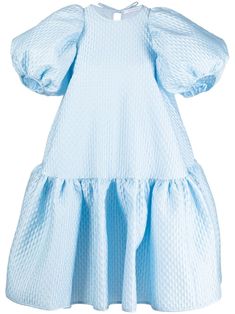 Alexa matelassé dress from CECILIE BAHNSEN featuring light blue, matelassé effect, round neck, short puff sleeves, empire line, flared hem and above-knee length. Cecilie Bahnsen, Vestido Casual, Oversized Silhouette, Vintage Buttons, Mini Dress With Sleeves, Blue Hues, Puff Sleeves, Day Dresses, Blue Dresses