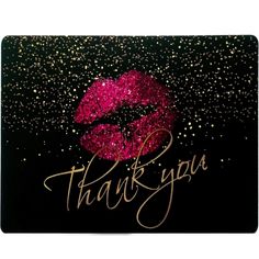 a thank card with a pink lipstick on it and the words thank you written in gold glitter