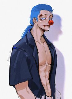 a drawing of a man with blue hair and a clown nose