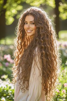 Long Curly Hairstyles Elegant, Naturally Long Curly Hair, Curly Long Wedding Hair, Extremely Long Curly Hair, Wild Curly Hair Aesthetic, Light Perm Long Hair, Long Curly Hair Middle Part, Layers For Long Curly Hair, Long Curly Hair Wedding