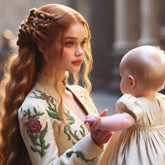 a woman with long hair holding a baby doll