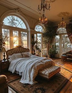 a large bed sitting inside of a bedroom on top of a wooden floor next to two windows