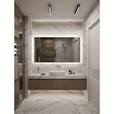 a bathroom with marble floors and white walls