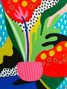 an abstract painting with flowers and polka dots