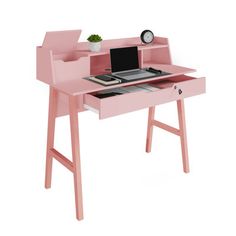 a pink desk with a laptop on it