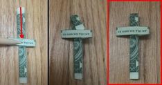 two photos of a cross made out of money with the words it's god we trust